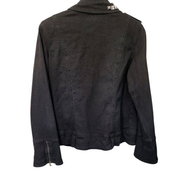 DG2 Moto Jacket M Black Denim Jean Rhinestone Trim Zippers Pockets Epaulets - Picture 6 of 16